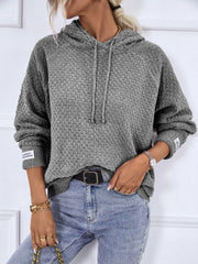 Texture Drawstring Long Sleeve Hooded Sweater - Fashionmj