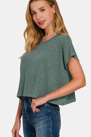 Zenana Round Neck Short Sleeve Crop T-Shirt - Fashionmj