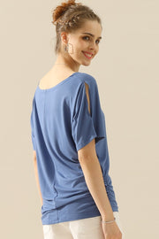 Ninexis Boat Neck Short Sleeve Ruched Side Top - Fashionmj