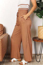 Double Take Drawstring Smocked Waist Wide Leg Pants - Fashionmj