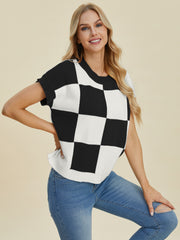 Double Take Full Size Checkered Round Neck Short Sleeve Sweater - Fashionmj