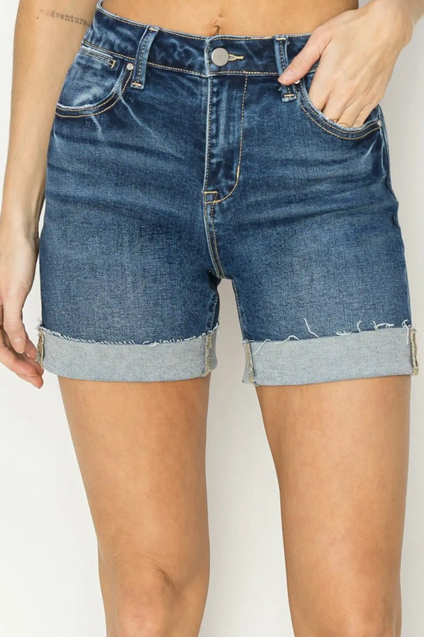 RISEN High Rise Cuffed Denim Shorts - Fashionmj