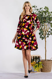 Celeste Full Size Geometric Round Neck Dress with Pockets - Fashionmj