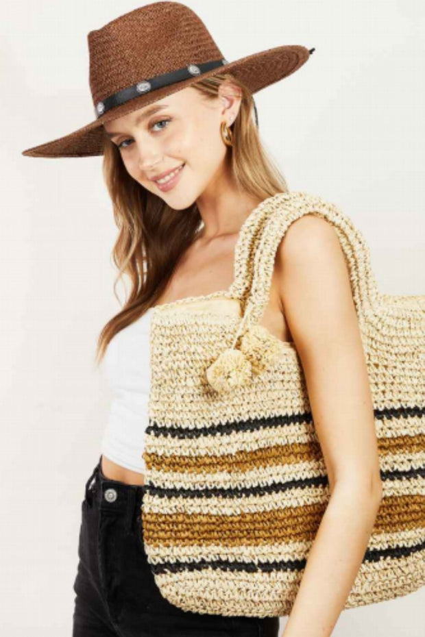 Fame Striped Straw Braided Tote Bag - Fashionmj