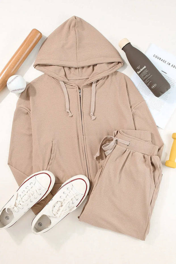 Drawstring Zip Up Hoodie and Pants Active Set - Fashionmj