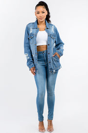 American Bazi Full Size Button Up Distressed Denim Jacket - Fashionmj