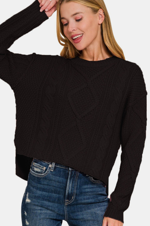 Zenana Cropped High Low Cable Sweater with Side Slits - Fashionmj