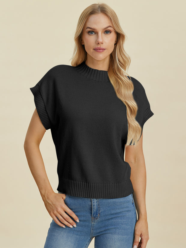 Double Take Full Size Mock Neck Short Sleeve Sweater - Fashionmj