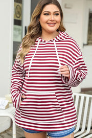 Plus Size Drawstring Striped Dropped Shoulder Hoodie - Fashionmj