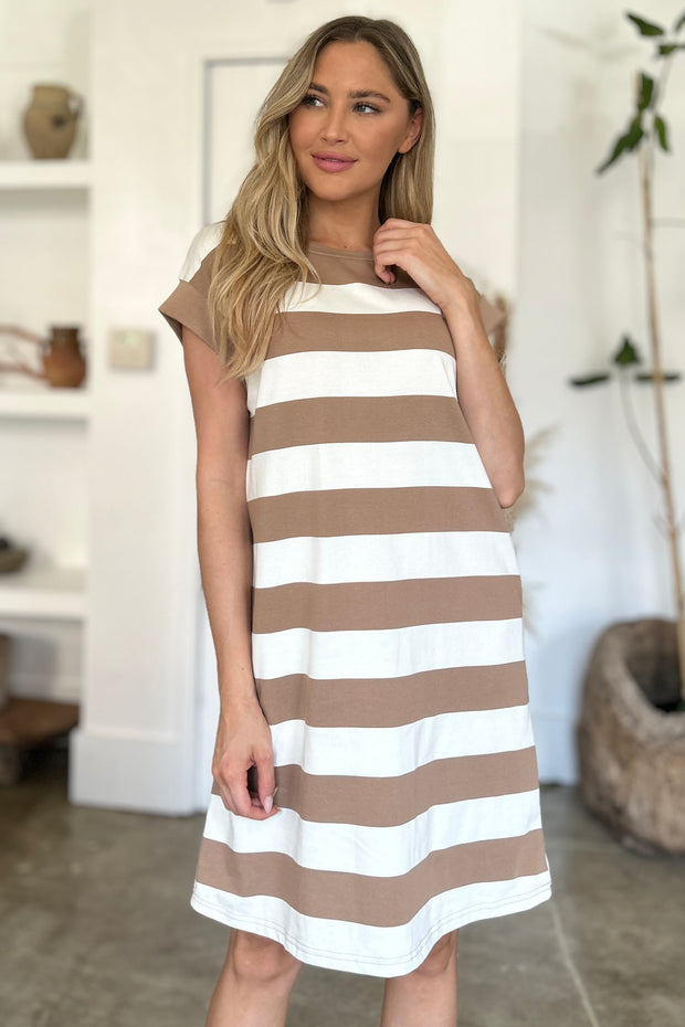 Basic Bae Full Size Striped Round Neck Cap Sleeve Mini Dress - Fashionmj