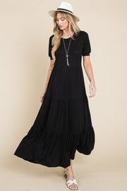 BOMBOM Short Sleeve Tiered Maxi Dress - Fashionmj