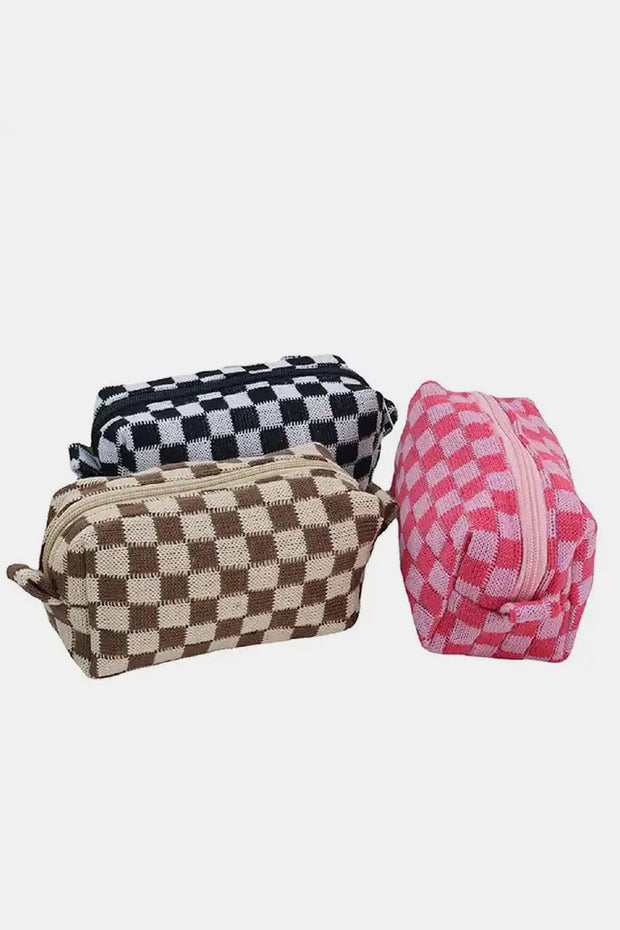 Zenana Checkered Pattern Knitted Cosmetic Pouch Trendsi