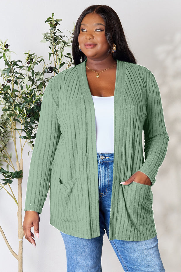 Basic Bae Full Size Ribbed Open Front Cardigan with Pockets - Fashionmj