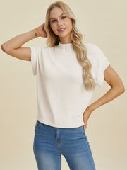 Double Take Full Size Mock Neck Short Sleeve Sweater - Fashionmj