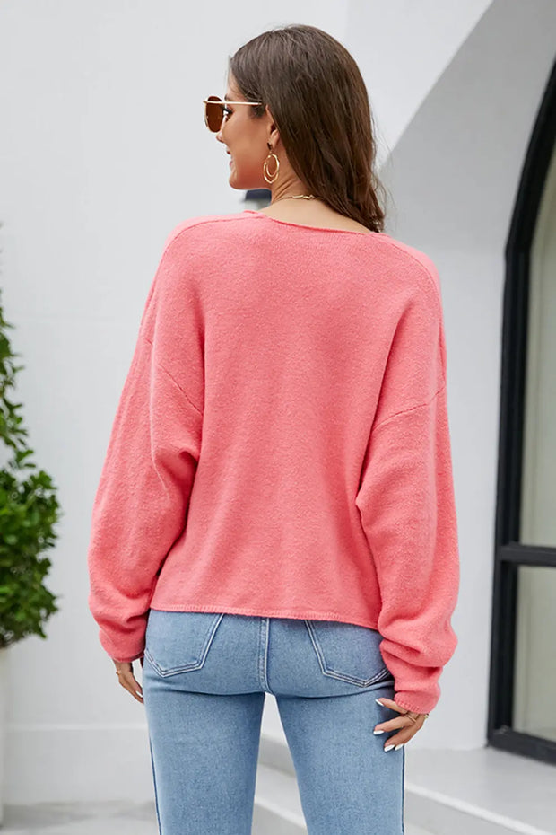 V-Neck Drop Shoulder Long Sleeve Knit Top - Fashionmj