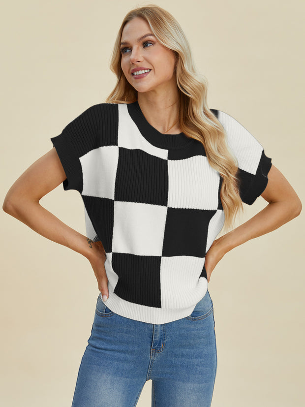 Double Take Full Size Checkered Round Neck Short Sleeve Sweater - Fashionmj