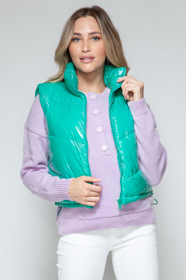 Snobbish Zip Up Turtleneck Shiny Quilted Vest - Fashionmj