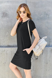 Basic Bae Full Size Round Neck Short Sleeve Dress with Pockets - Fashionmj