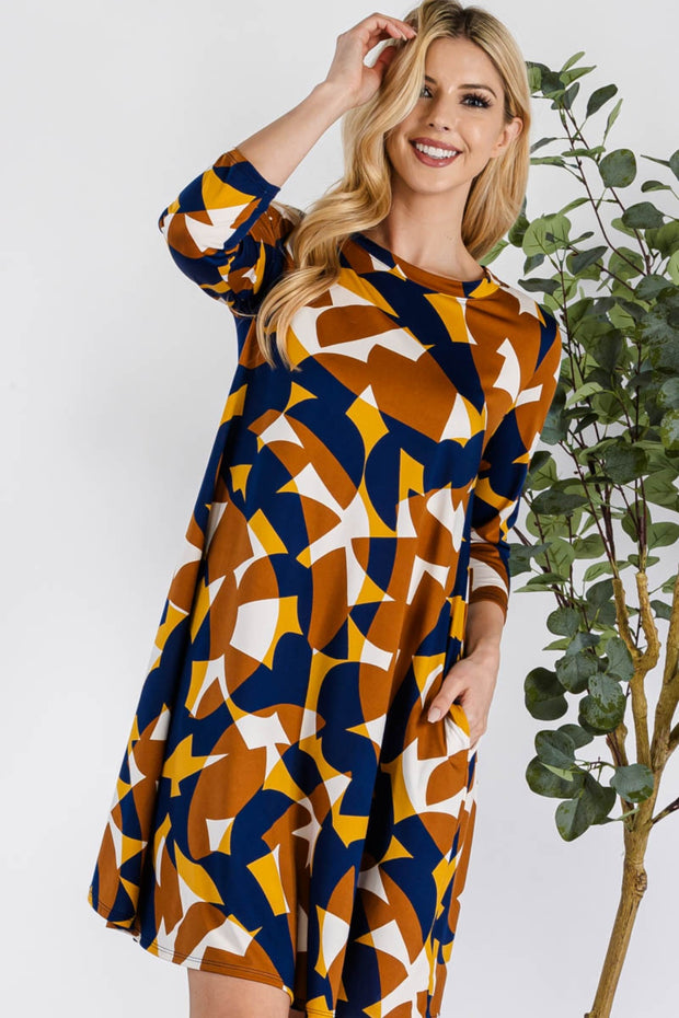 Celeste Full Size Geometric Round Neck Dress with Pockets - Fashionmj