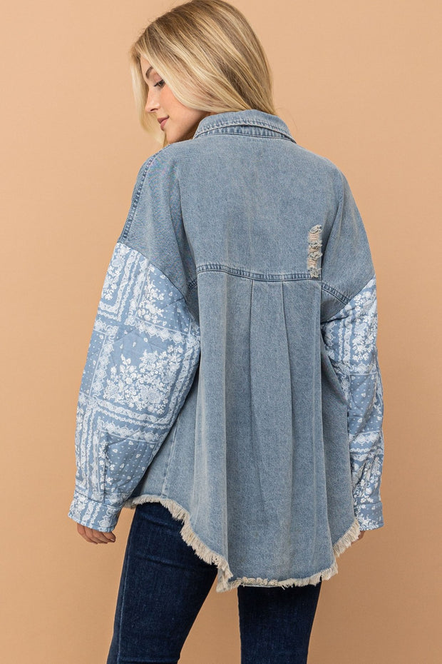 And The Why Full Size Paisley Print Quilted Sleeves Denim Jacket - Fashionmj