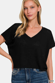 Zenana V-Neck Short Sleeve Crop T-Shirt - Fashionmj