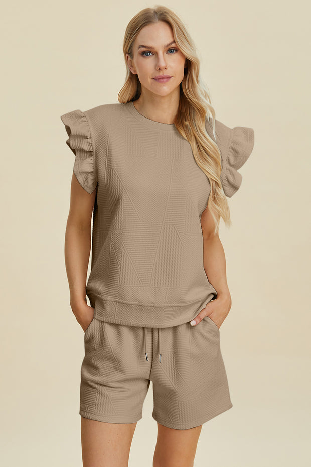 Double Take Full Size Texture Round Neck Ruffle Sleeve Top and Shorts Set - Fashionmj