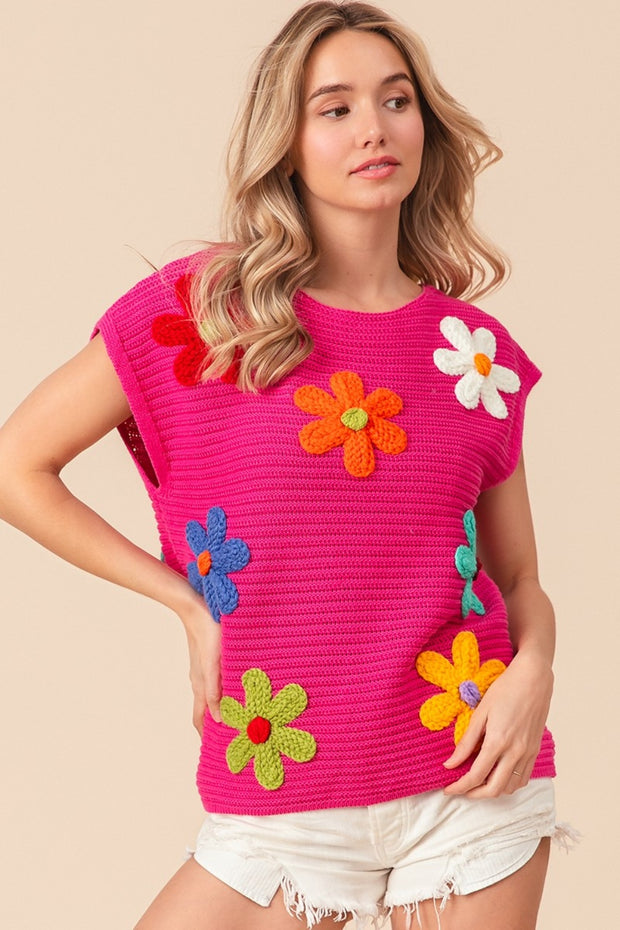 BiBi Flower Round Neck Cap Sleeve Knit Top - Fashionmj