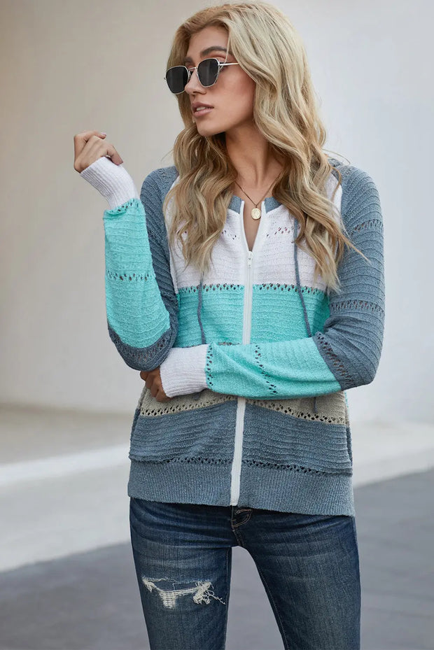 Zip-Up Raglan Sleeve Openwork Hooded Cardigan - Fashionmj