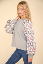 VERY J Printed Long Sleeve Round Neck Knit Top - Fashionmj