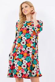 Celeste Full Size Floral Three-Quarter Sleeve Dress with Pockets - Fashionmj