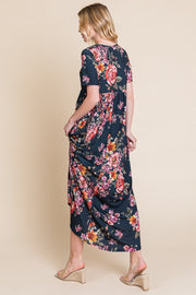 BOMBOM Floral Short Sleeve Maxi Dress - Fashionmj