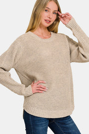 Zenana High Low Long Sleeve Waffle Sweater - Fashionmj