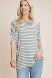 BOMBOM Striped Round Neck T-Shirt - Fashionmj