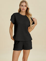 Double Take Full Size Texture T-Shirt and Shorts Set - Fashionmj