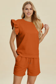 Double Take Full Size Texture Round Neck Ruffle Sleeve Top and Shorts Set - Fashionmj