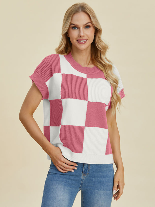 Double Take Full Size Checkered Round Neck Short Sleeve Sweater - Fashionmj