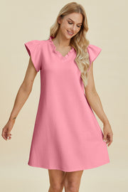 Double Take Full Size Ruffled V-Neck Cap Sleeve Dress - Fashionmj