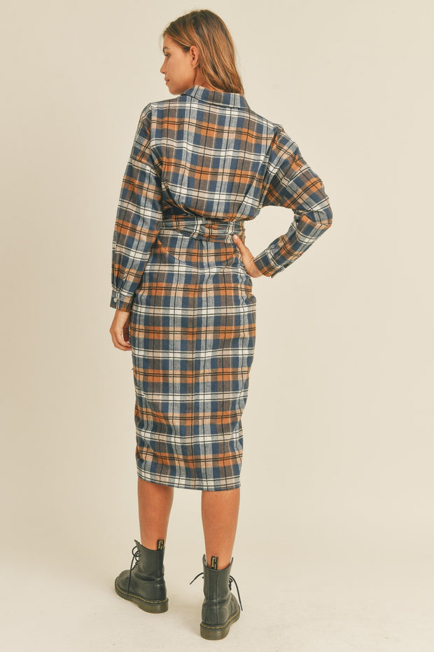 Mable Plaid Flannel Front Tie Button Down Shirt Dress - Fashionmj