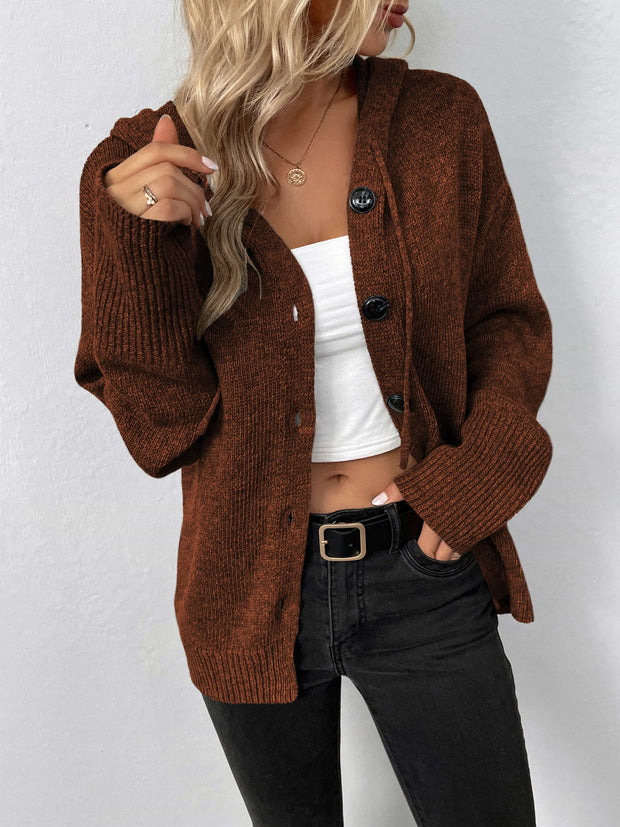 Button-Down Long Sleeve Hooded Sweater - Fashionmj