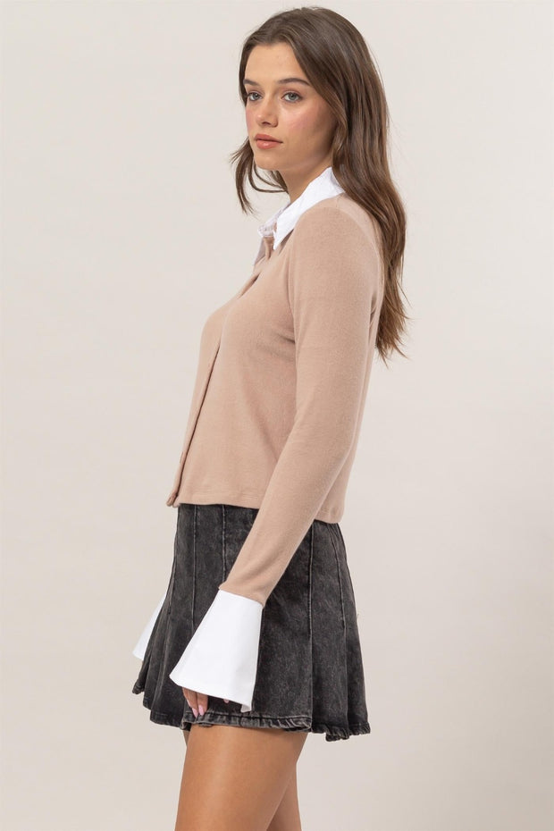 HYFVE Collared Contrast Button Down Crop Knit Cardigan - Fashionmj