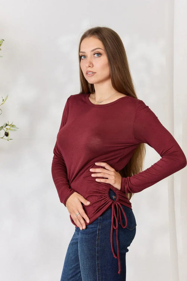 Culture Code Full Size Drawstring Round Neck Long Sleeve Top - Fashionmj