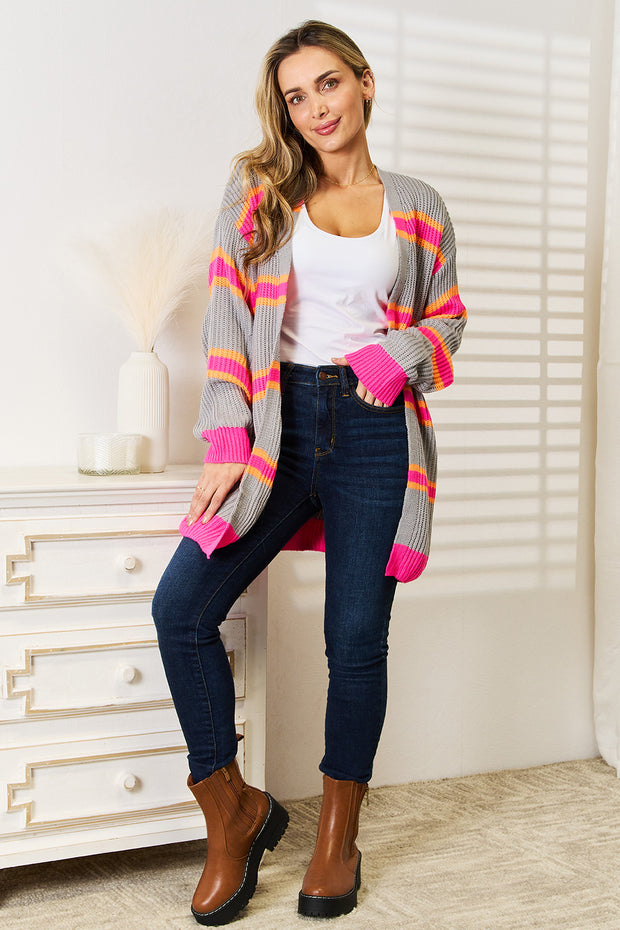 Woven Right Ribbed Long Sleeve Cardigan - Fashionmj