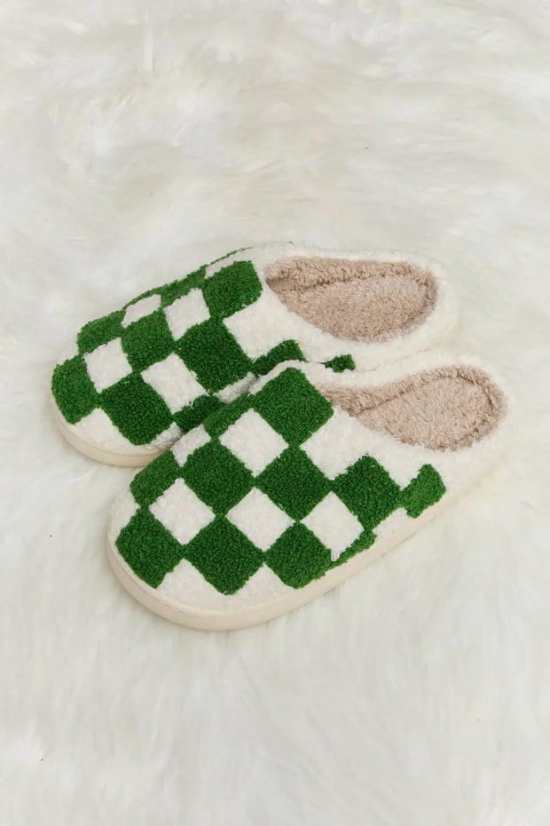 Melody Checkered Print Plush Slide Slippers - Fashionmj