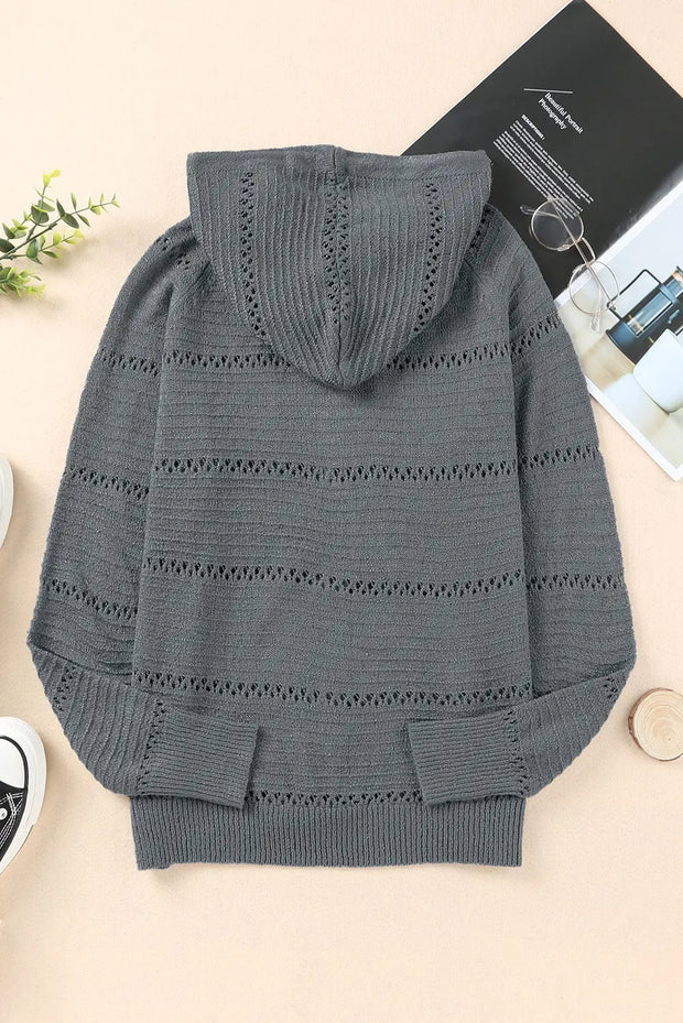 Zip-Up Raglan Sleeve Openwork Hooded Cardigan - Fashionmj