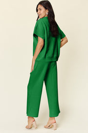 Double Take Full Size Texture Half Zip Short Sleeve Top and Pants Set - Fashionmj