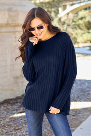 Basic Bae Full Size Ribbed Round Neck Long Sleeve Knit Top - Fashionmj