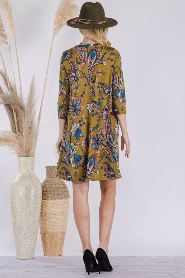 Celeste Full Size Paisley Print Round Neck Dress with Pockets - Fashionmj