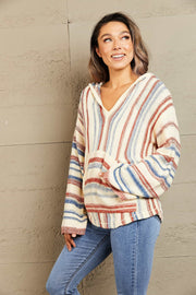 Striped Hooded Sweater with Kangaroo Pocket - Fashionmj