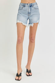 RISEN High Rise Side Step Hem Denim Shorts - Fashionmj