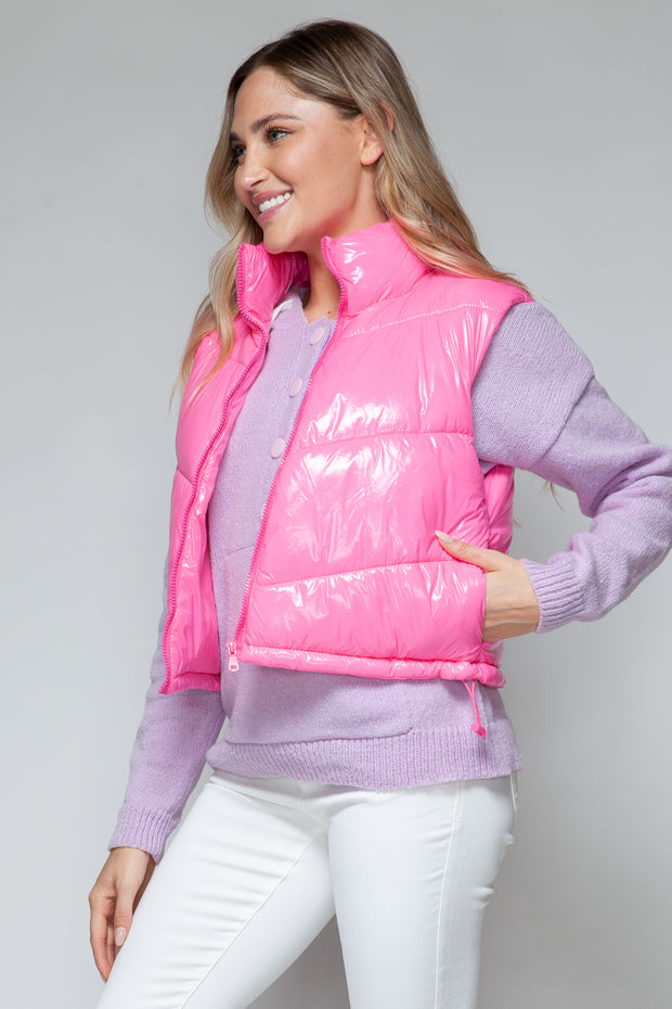 Snobbish Zip Up Turtleneck Shiny Quilted Vest - Fashionmj